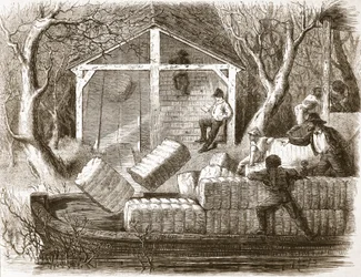 Schießen von Baumwollballen in den vorderen Teil des Flussdampfers Magnolia, Illustration aus The Illustrated London News, 1861