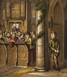 Weihnachtslieder in der Kirche singen, mit einem armen Jungen an der Tür