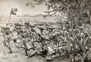Sir Henry Morton Stanley und seine Männer tauchen 1887 während ihrer Emin-Pascha-Entlastungsexpedition in Afrika endlich aus dem Wald auf die Graslandschaft auf
