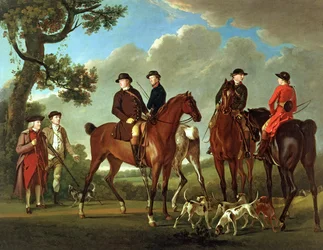 Sir Thomas Gascoigne und Sir Walter Vavasour mit dem Priester, dem Vikar und Jagddienern
