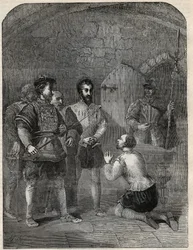 Sir Thomas Wyatt der Jüngere (1521-1554) auf dem Weg zur Hinrichtung, feierlich die Prinzessin Elizabeth und Courtenay von der Teilnahme an seiner Rebellion freisprechend - 1554 - Gravur aus „History of England“ von Cassell Petter & Galpin
