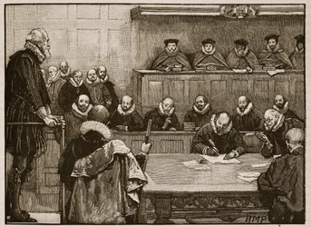 Sir Walter Raleigh vor den Richtern, Illustration aus Cassells Illustrierter Geschichte Englands