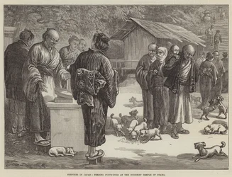 Skizzen in Japan, Welpenfütterung im buddhistischen Tempel von Oyama