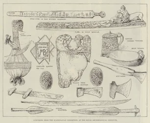 Exponate von der skandinavischen Ausstellung im Royal Archaeological Institute (Gravur)