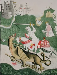St. Georg mit dem Drachen, aus der Kapelle der Dreifaltigkeit in Stratford Upon Avon, Warwickshire