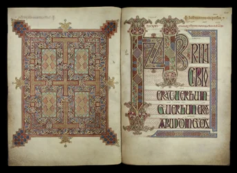 Johannesevangelium; Teppichseite und Incipit-Seite, Cotton Nero D. IV, f.210v und f.211r aus den Lindisfarne-Evangelien, 710-721