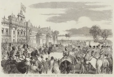 Staatliche Eröffnung der Großen Ausstellung, Ihre Majestät verlässt den Buckingham Palace (Stich)