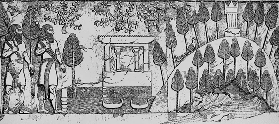 Steinrelief eines Tempels und eines künstlichen Hügels im Park von Sargon II in Khorsabad, ca. 715 v. Chr.