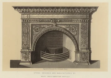 Ofen, entworfen und hergestellt von Messrs Carr und Robertson Sheffield (Lithografie)