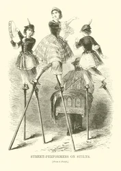 Straßenkünstler auf Stelzen (Gravur)