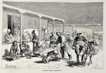 Straßenszene, Yarkand, Illustration aus Die Universalgeographie, die Erde und ihre Bewohner von Elisee Reclus, veröffentlicht 1878