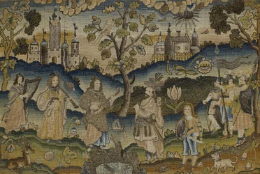 Stumpwork mit Szene von fünf Musikern im Garten mit Baum, Mitte des 17. Jahrhunderts