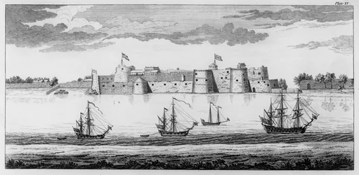 Fort Surat, Gujarat, Indien, ca. 1770 (Stich)