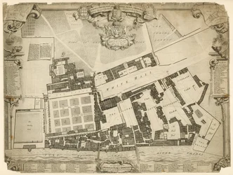 Vermessung und Grundriss des Königlichen Palastes von Whitehall, 1680, mit den Unterkünften und Wohnungen ihrer Majestäten