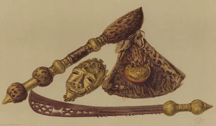 Schwert, Axt und Goldmaske, erbeutet in der Ashantee-Expedition (Chromolitho)