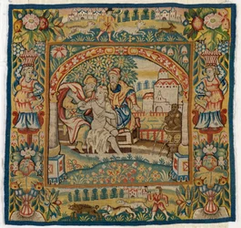 Wandteppichkissenbezug, der Susanna im Bad darstellt (einer von sechs Sheldon-Wandteppichen, 47.9 bis 47.14), hergestellt in Sheldon, England, falls echt