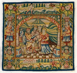 Wandteppichkissenbezug, der Susanna vor dem Richter darstellt (einer von sechs Sheldon-Wandteppichen, bestehend aus 47.9 bis 47.14), hergestellt in Sheldon, England, falls echt