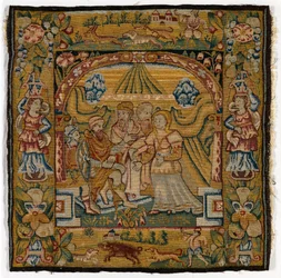 Wandteppichkissenbezug, der Susanna vor dem Richter darstellt, hergestellt in Sheldon, England, nach 1600