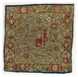 Wandteppich-Kissenbezug mit dem Wappen von Sacheverell, hergestellt in Sheldon, England, nach 1600