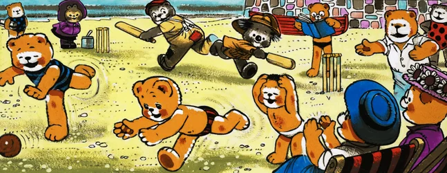 Teddybären spielen Cricket am Strand