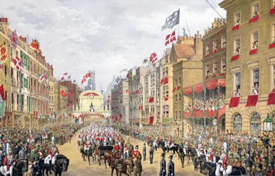 Temple Bar, 7. März 1863, aus Ein Gedenkbuch zur Hochzeit von Edward VII. und Alexandra von Dänemark, veröffentlicht 1864