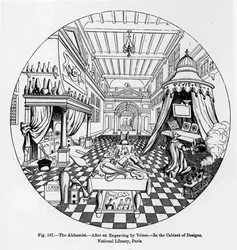 Der Alchemist, nach einem Stich von Vriese, Illustration aus Wissenschaft und Literatur im Mittelalter und der Renaissance, geschrieben und graviert von Paul Lacroix, 1878