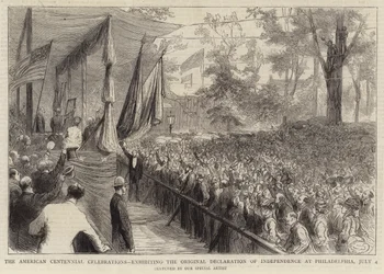 Die amerikanischen Jahrhundertfeiern, Ausstellung der Originalunabhängigkeitserklärung in Philadelphia, 4. Juli (Gravur)