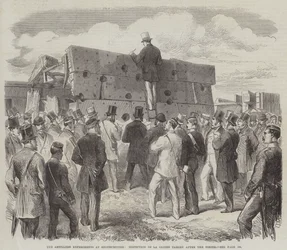 Die Artillerie-Experimente in Shoeburyness, Inspektion des La Gloire Ziels nach dem Schießen (Stich)