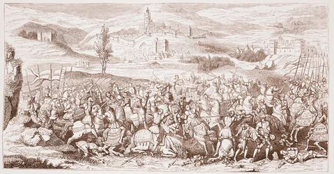 Die Schlacht von Spurs, aus dem alten Bild im Besitz der Royal Society of Antiquities