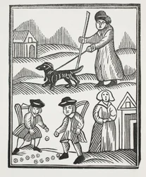 Der Bettler reist mit seinem Hund, bringt viel Reichtum nach Hause, mit dem er den Ritter übertrifft und seine Tochter zu ihrem Vergnügen heiratet, Illustration aus Chap-books des achtzehnten Jahrhunderts