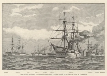 Das britische Geschwader kreuzt im Mosambik-Kanal unter Konteradmiral Sir E R Fremantle (Stich)