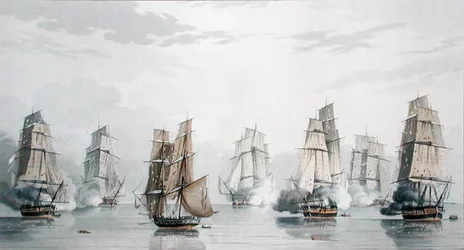 Das britische Geschwader unter dem Kommando von Kapitän Charles Marsh Schomberg und das französische Geschwader unter dem Kommando von Commodore Roquebert, in der Flaute kurz nach Beginn der Aktion vor Madagaskar, 20. Mai 1811