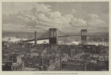 Die Brooklyn-Brücke über den East River, zwischen Long Island und New York (Gravur)