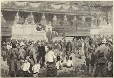 Der buddhistische Erzbischof von Burma empfängt Sir Frederick Roberts im Kloster von Mandalay