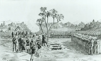 Das Begräbnis von General Earle und den Obersten Eyre und Coveney in Kirbekan, aus The Campaign of the Cataracts von General William Francis Butler, veröffentlicht 1887