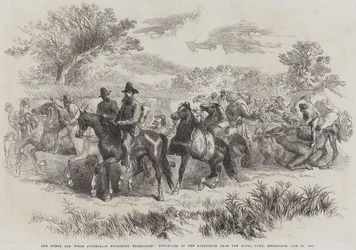 Die Burke und Wills Australische Erkundungsexpedition, Abreise der Expedition aus dem Royal Park, Melbourne, 20. August 1860 (Stich)