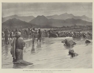 Die Chitral-Expedition, Durchquerung des Swat-Flusses, Blick nach Norden; Dorf Chatedarra im Hintergrund (Lithografie)
