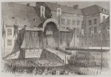 Die Krönung des Königs und der Königin von Preußen, die Proklamation im Schlosshof, Königsberg (Stich)