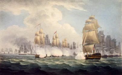 Die Niederlage der Franzosen unter Linois durch das Geschwader von Commodore Dance, 15. Februar 1804, aus The Naval Chronology of Great Britain von J. Ralfe