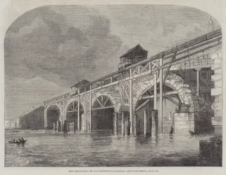 Der Abriss der alten Westminster-Brücke (Gravur)