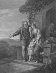 Die Abreise von Hagar, Genesis 21, Vers 9-15 (Gravur)