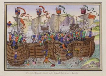 Der Earl of Pembroke wird von der spanischen Flotte vor La Rochelle angegriffen (farbige Gravur)