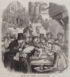 Der erste Tag der Austern, eine Straßenszene in London (Stich)