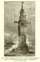 Der erste Leuchtturm auf den Eddystone-Felsen. Gebaut von Winstanley, 1696-1700, zerstört durch einen Sturm, 1703
