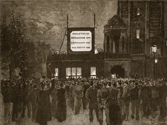 Die Parlamentswahl von 1892: Bekanntgabe der Ergebnisse im National Liberal Club, Illustration aus Cassells Illustrierter Geschichte Englands