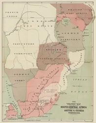 Die Grafik-Karte von Süd-Zentralafrika, die die britischen und deutschen Besitzungen zeigt (Farblithografie)