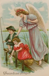 Der Schutzengel, der Junge, Mädchen und Puppe beim Angeln beschützt