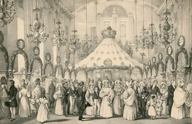 Die Hanover Square Rooms, als Königin Victoria die private Ansicht des Wohltätigkeitsbasars für Ausländer in Not am 19. Juni 1833 besuchte