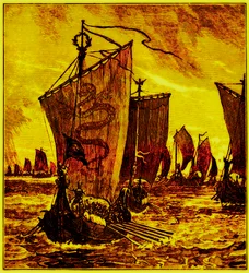 Die Kielschiffe der Nordmänner, Illustration für Geschichte Englands von H. O. Arnold-Forster, veröffentlicht 1897 (digital verbessert)