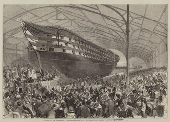 Der Stapellauf der Marlborough in Portsmouth am 31. Juli, der Meisterschiffbauer überreicht Ihrer Majestät die Flasche